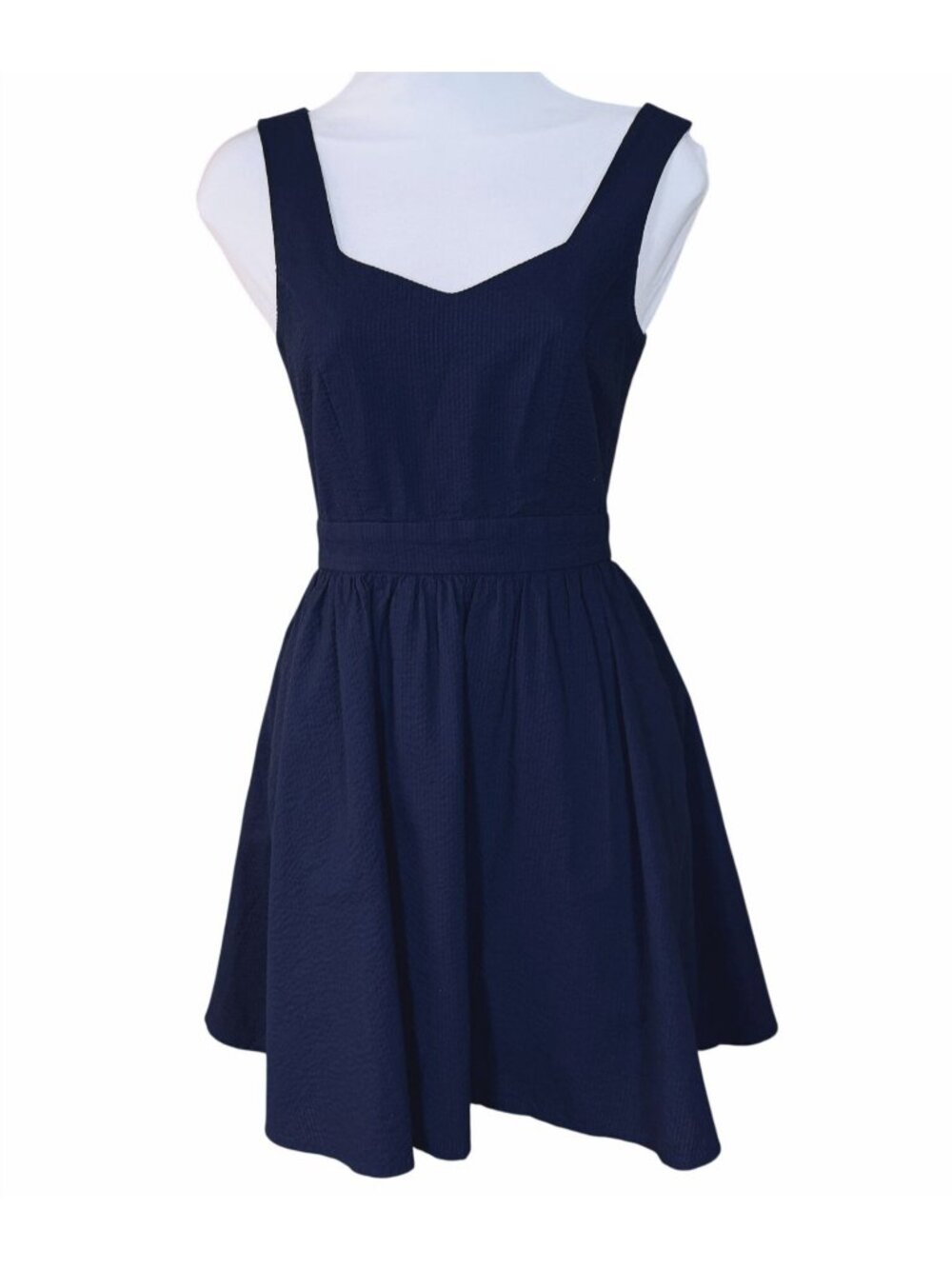 Lauren James Navy Seersucker Back Bow Lined Sweetheart Neck Garrison Dress XS